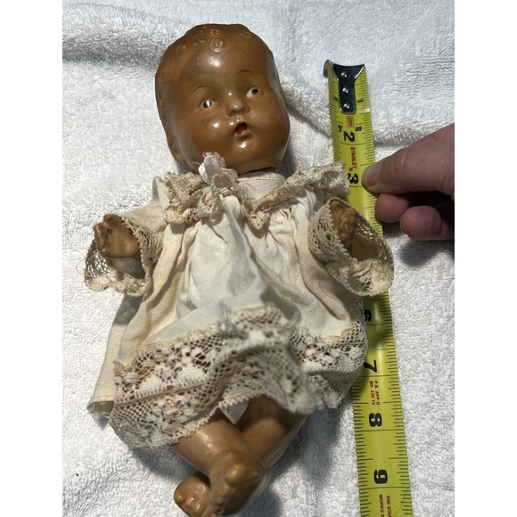 Antique 30s Composition RubberBand Doll 9" in size- original Dress -rareFragile - Picture 13 of 16